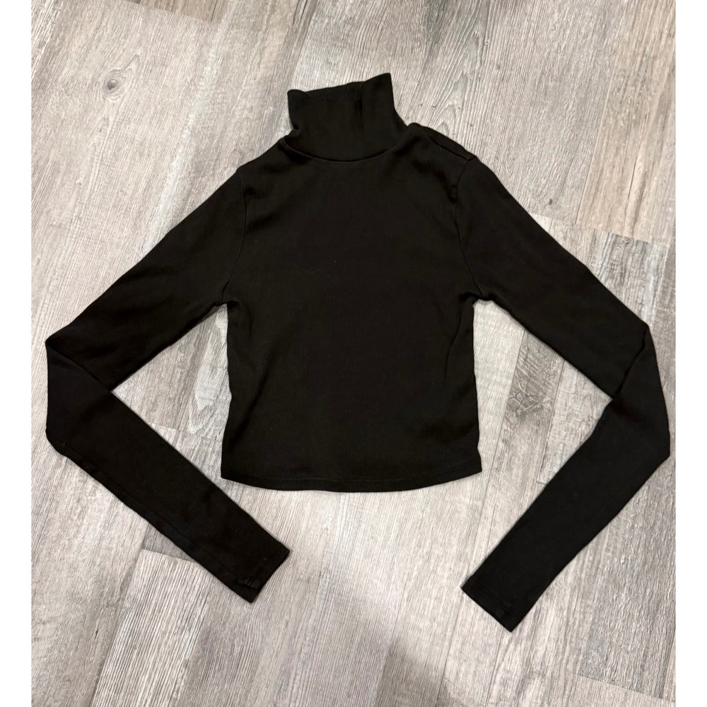 Reformation Black Ribbed Turtleneck Cropped Long Sleeve Top Small